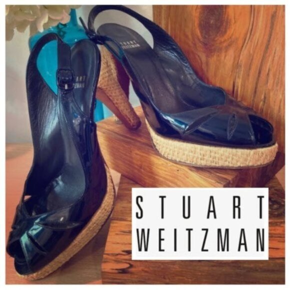 STUART Weitzman Black heels Size 7.5 patent leather peep toe - Picture 7 of 15